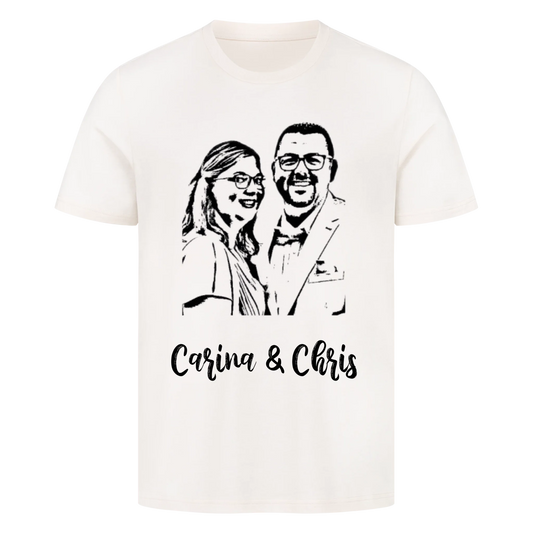 Foto als Karikatur mit Wunschtext / Namen - Premium T-Shirt Männer / Unisex personalisiert