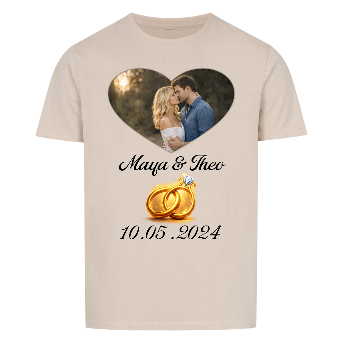 Valentinstag - Eigenes Bild mit Namen, Ringen und Datum - T-Shirt Unisex für Männer und Frauen - personalisiert
