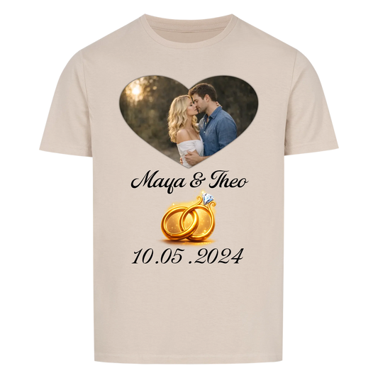 Valentinstag - Eigenes Bild mit Namen, Ringen und Datum - T-Shirt Unisex für Männer und Frauen - personalisiert