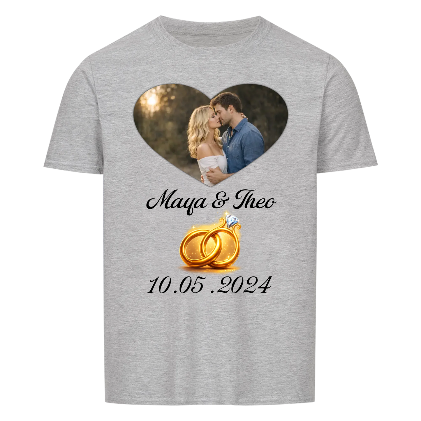 Valentinstag - Eigenes Bild mit Namen, Ringen und Datum - T-Shirt Unisex für Männer und Frauen - personalisiert