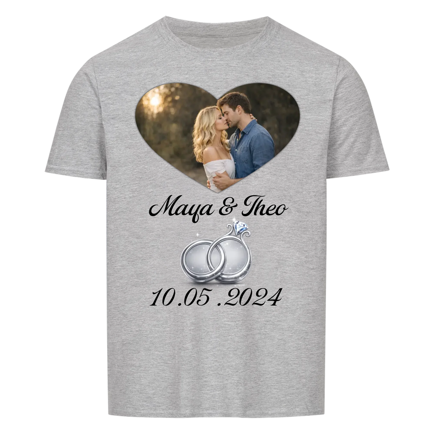Valentinstag - Eigenes Bild mit Namen, Ringen in Silber und Datum - T-Shirt Unisex für Männer und Frauen - personalisiert