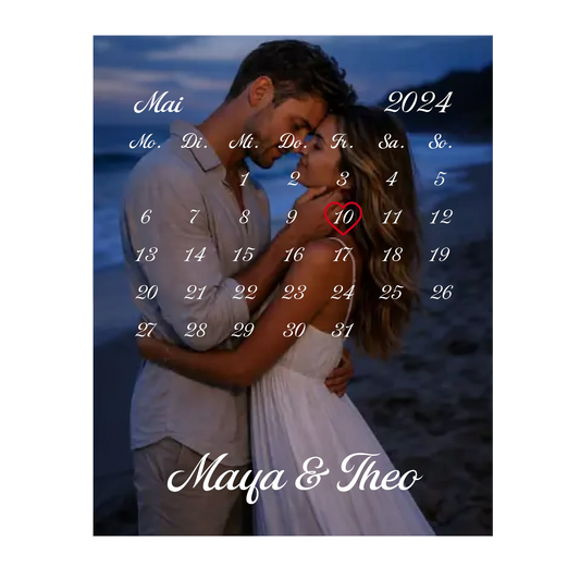 Glas Aufsteller mit eigenem Bild, Kalender und Wunschnamen - 20cm Breit x 25 cm Hoch - personalisiert