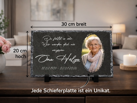 Personalisierte Schiefertafel 20×30 cm | Personalisiertes Metallschild 20x25cm – Gedenktafel mit eigenem Foto & Namen | Erinnerung mit eigenem Text