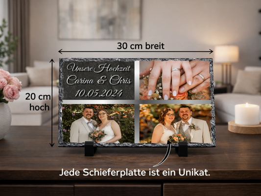 Personalisierte Schiefertafel 20x30cm | Personalisiertes Metallschild 20x25cm – Unsere Hochzeit mit 3 Fotos, Namen und Datum | Geschenk Hochzeit, Jahrestag | Willkommensschild Haustür | Deko Wohnzimmer, Flur, Diele