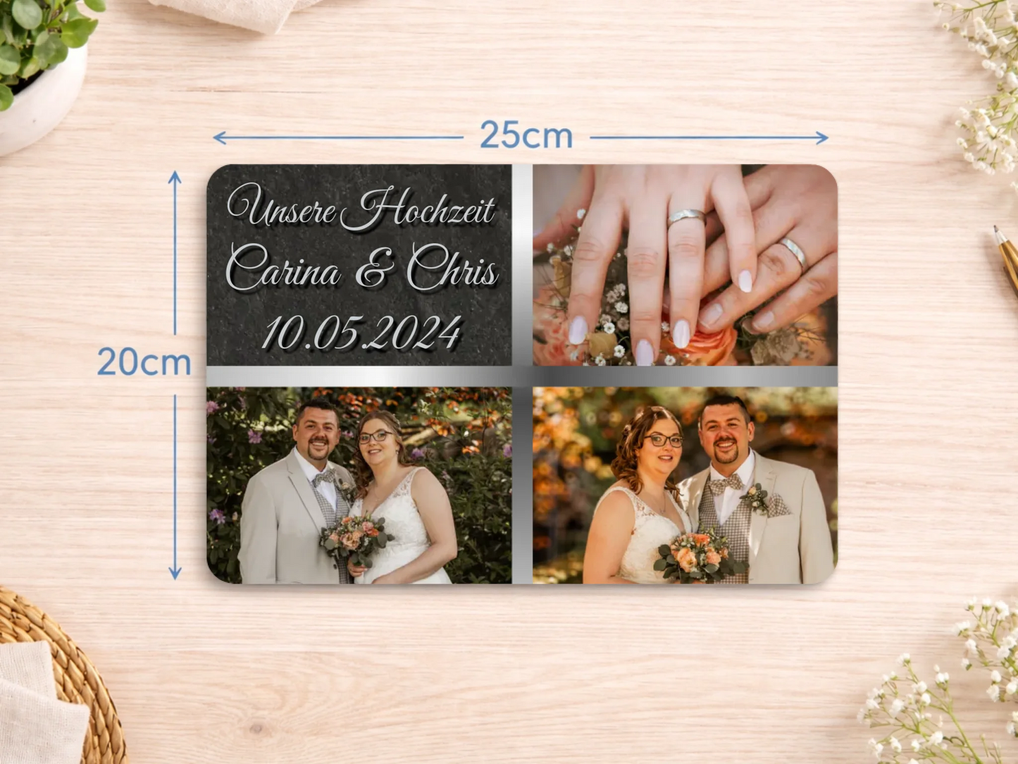 Personalized slate plaque 20x30cm | Personalized metal sign 20x25cm – Our Wedding with 3 photos, names and date | Wedding gift, anniversary gift | Welcome sign for front door | Decor for living room, hallway, entryway
