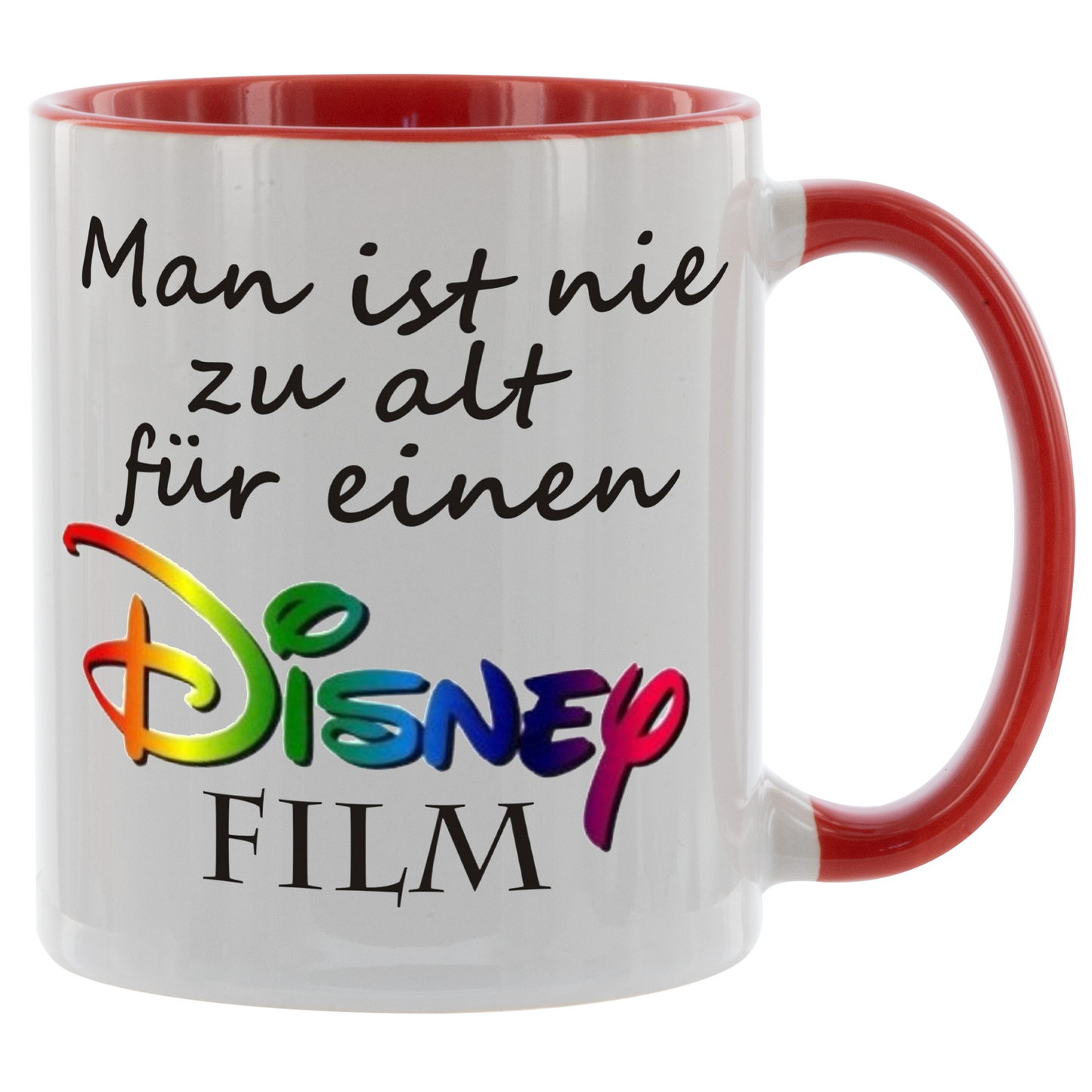 Rote Tasse mit Spruch „Man ist nie zu alt für einen Disney Film“ in bunter Disney-Schrift – Geschenk für Disney-Fans
