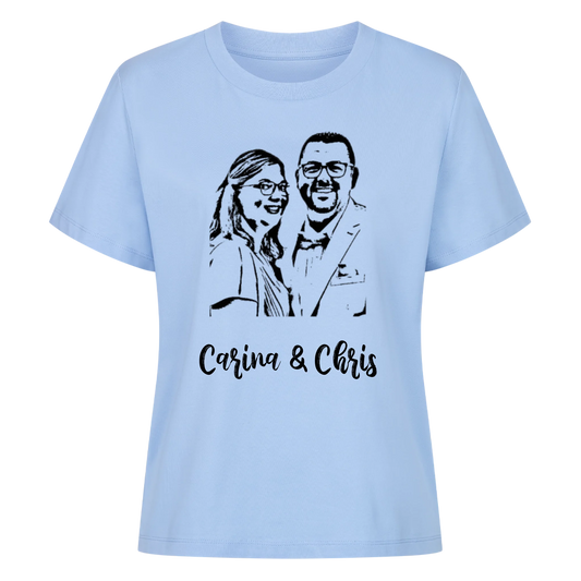 Foto als Karikatur mit Wunschtext / Namen - Premium T-Shirt Frauen personalisiert