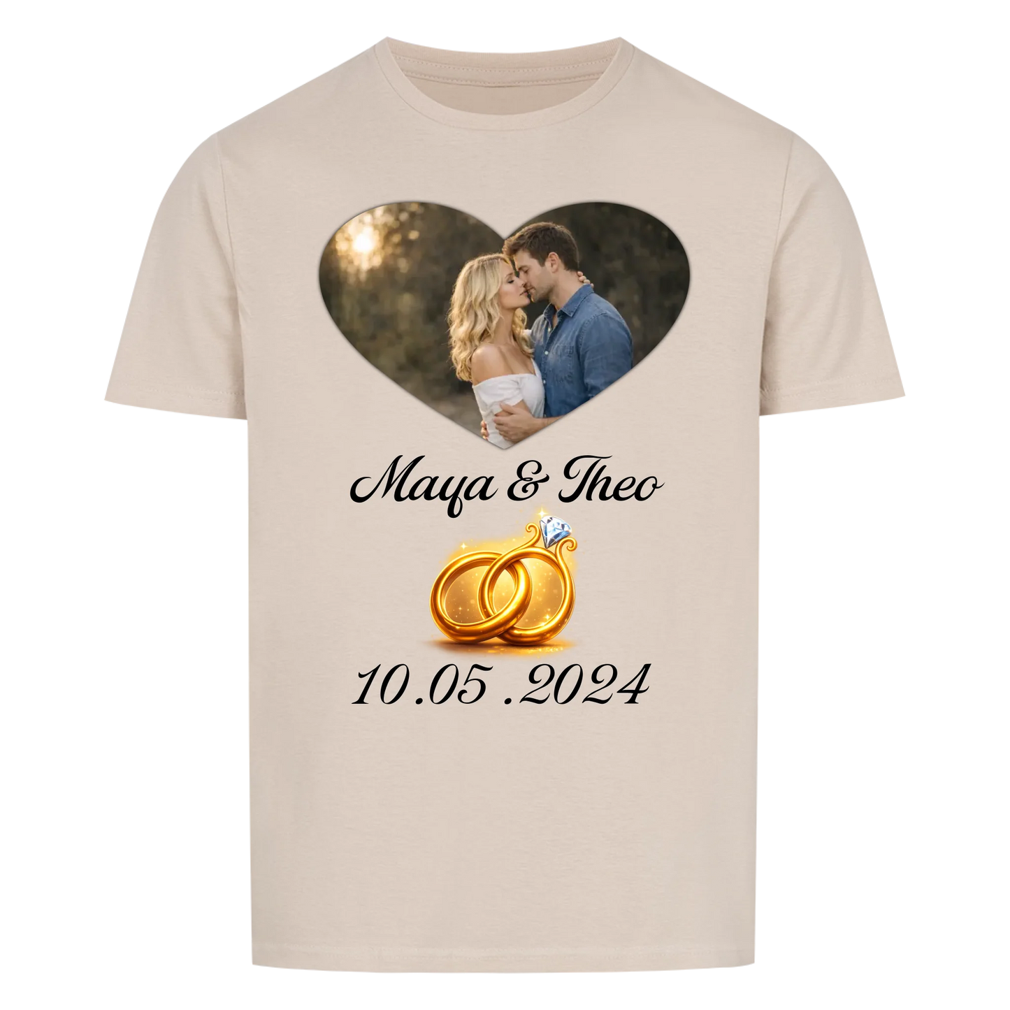 Valentinstag - Eigenes Bild mit Namen, Ringen und Datum - T-Shirt Unisex für Männer und Frauen - personalisiert