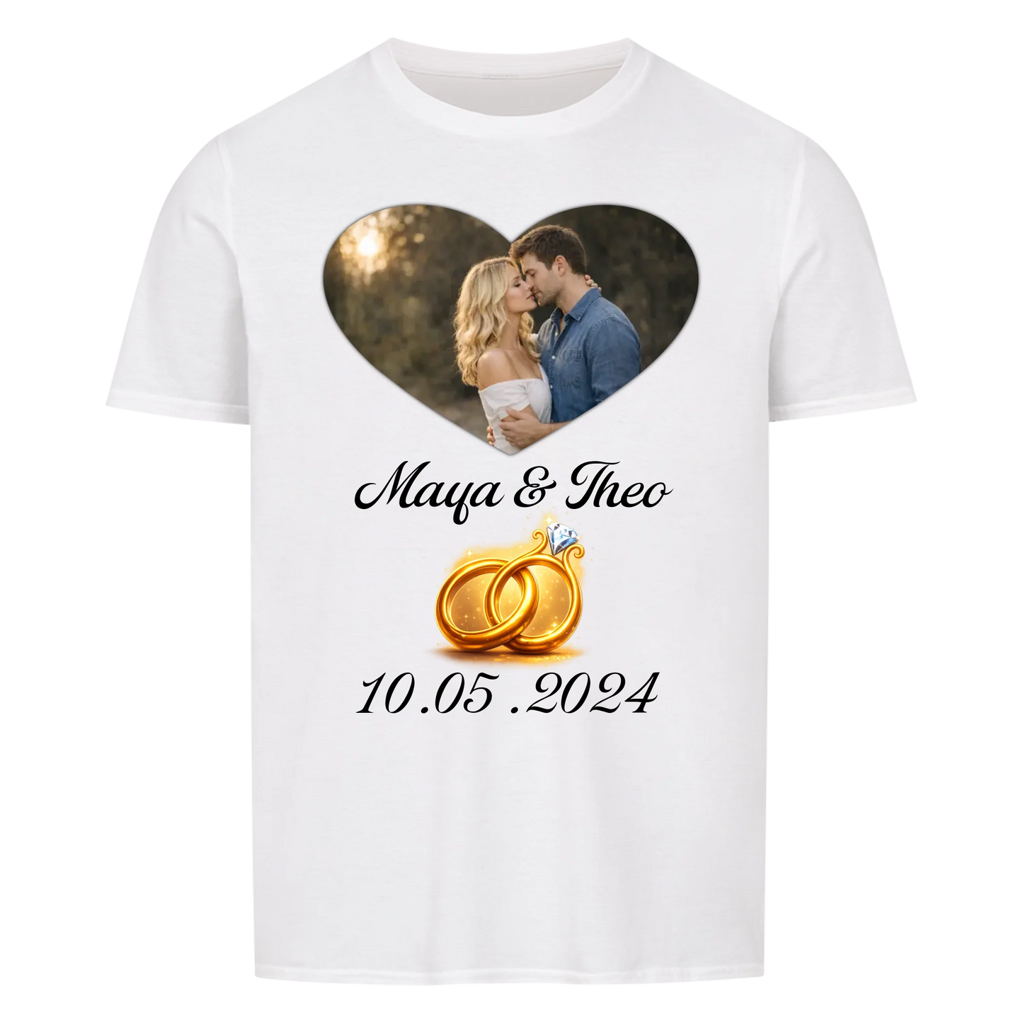 Valentinstag - Eigenes Bild mit Namen, Ringen und Datum - T-Shirt Unisex für Männer und Frauen - personalisiert