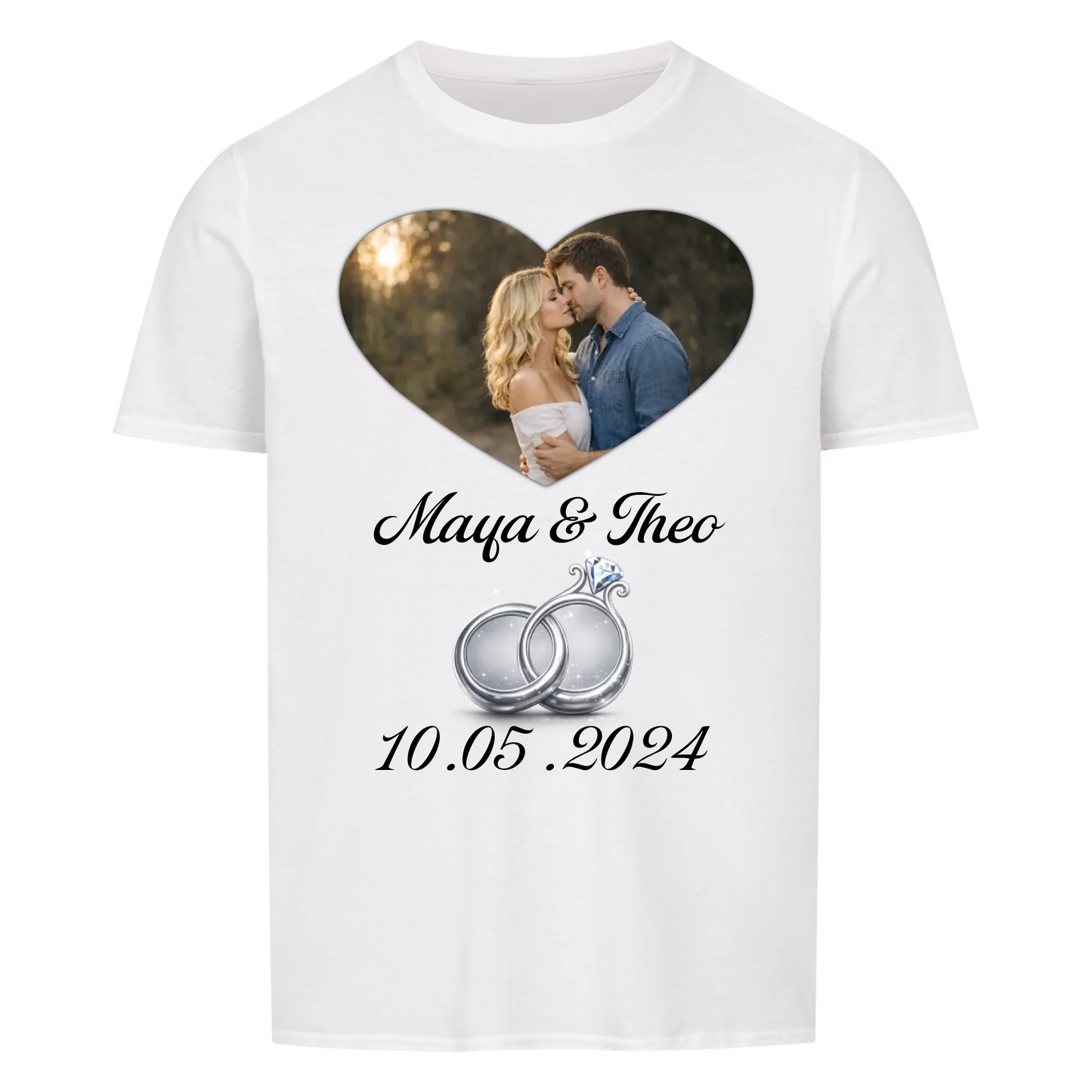 Valentinstag - Eigenes Bild mit Namen, Ringen in Silber und Datum - T-Shirt Unisex für Männer und Frauen - personalisiert