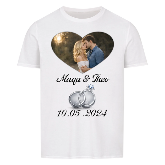 Valentine's Day - Personalized T-Shirt with your own image, name, silver rings and date - Unisex T-shirt for men and women