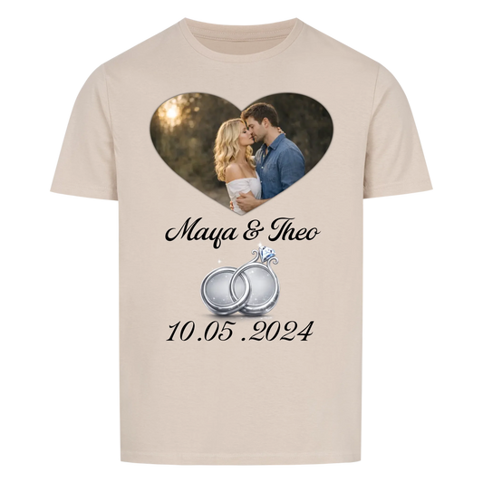 Valentinstag - Eigenes Bild mit Namen, Ringen in Silber und Datum - T-Shirt Unisex für Männer und Frauen - personalisiert