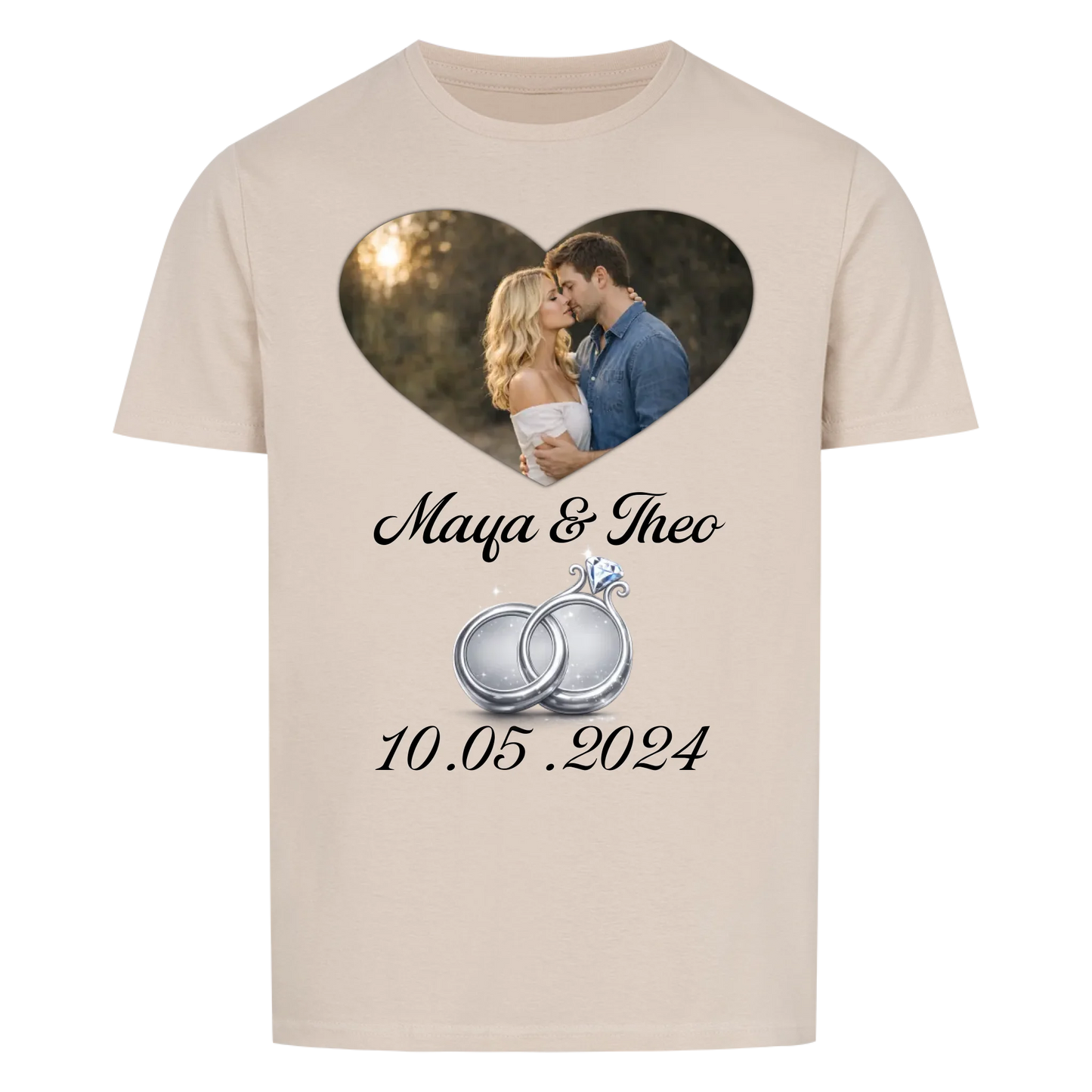 Valentinstag - Eigenes Bild mit Namen, Ringen in Silber und Datum - T-Shirt Unisex für Männer und Frauen - personalisiert