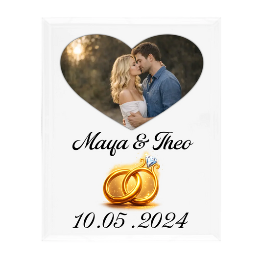 Glas Aufsteller mit eigenem Bild, Namen, Ringen und Datum - 20cm Breit x 25 cm Hoch - personalisiert