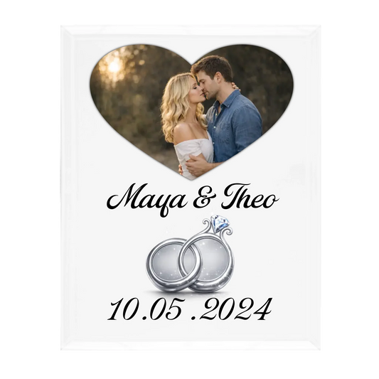 Glas Aufsteller mit eigenem Bild, Namen, Ringen in Silber und Datum - 20cm Breit x 25 cm Hoch - personalisiert