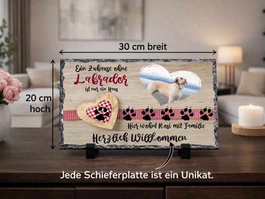 Personalisierte Schiefertafel 20x30cm | Personalisiertes Metallschild 20x25cm – Herzlich Ein Zuhause ohne "Rasse" ist nur ein Haus mit Foto, Namen und Wunschtext | Willkommensschild Haustür | Deko Wohnzimmer, Flur