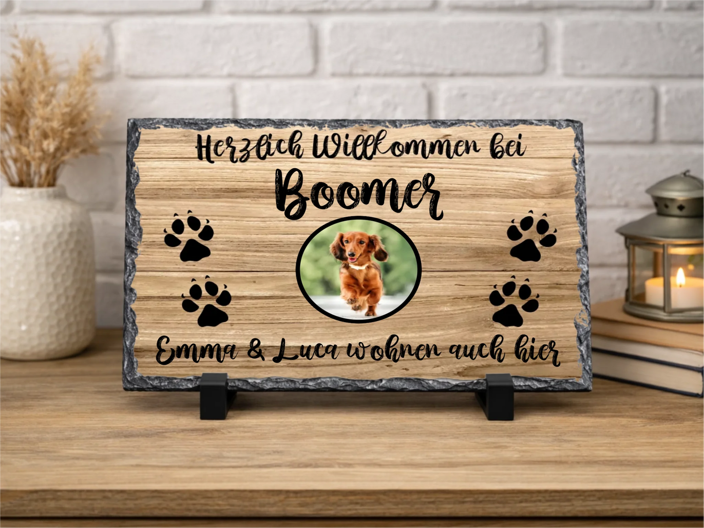 Personalized slate plaque 20x30cm | Personalized metal sign 20x25cm – Welcome to your dog/cat/pet with photo, name and custom text | Welcome sign for front door