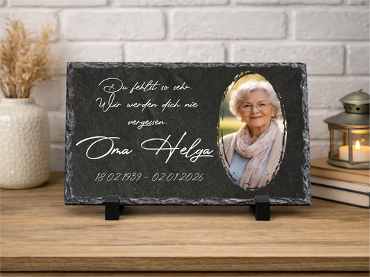 Personalisierte Schiefertafel 20×30 cm | Personalisiertes Metallschild 20x25cm – Gedenktafel mit eigenem Foto & Namen | Erinnerung mit eigenem Text