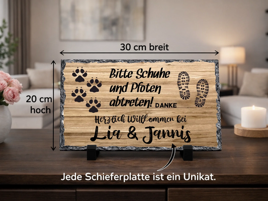 Personalisierte Schiefertafel 20x30cm – Bitte Schuhe und Pfoten abtreten | Willkommensschild Haustür