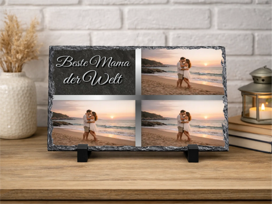 Personalisierte Schiefertafel 20x30cm | Personalisiertes Metallschild 20x25cm – Beste Mama der Welt mit 3 Fotos | Geschenk Muttertag | Willkommensschild Haustür | Deko Wohnzimmer, Flur, Diele