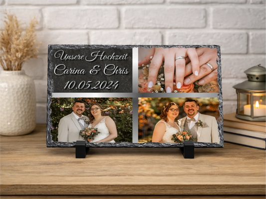 Personalisierte Schiefertafel 20x30cm | Personalisiertes Metallschild 20x25cm – Unsere Hochzeit mit 3 Fotos, Namen und Datum | Geschenk Hochzeit, Jahrestag | Willkommensschild Haustür | Deko Wohnzimmer, Flur, Diele