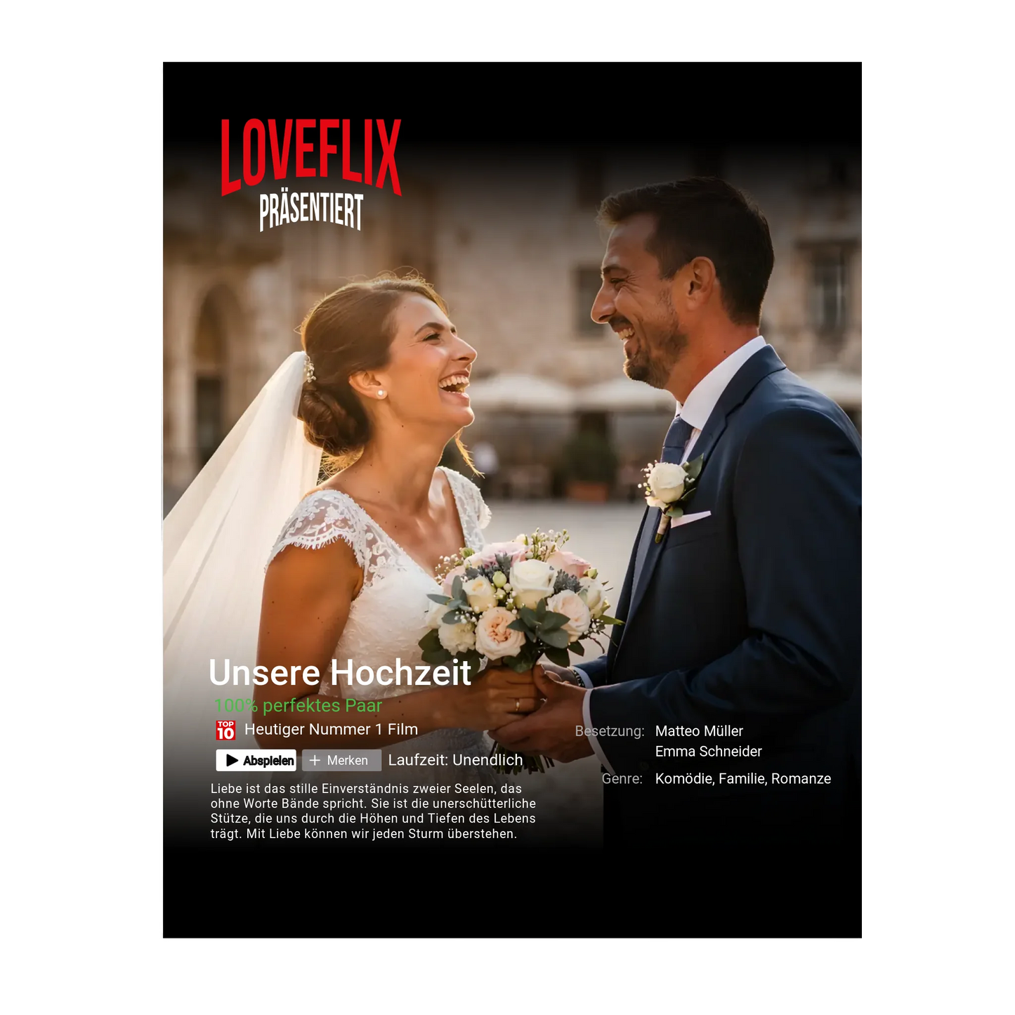 Glas Aufsteller Loveflix mit eigenem Bild, Texten und Wunschnamen - 20cm Breit x 25 cm Hoch - personalisiert