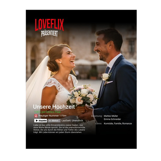 Glas Aufsteller Loveflix mit eigenem Bild, Texten und Wunschnamen - 20cm Breit x 25 cm Hoch - personalisiert