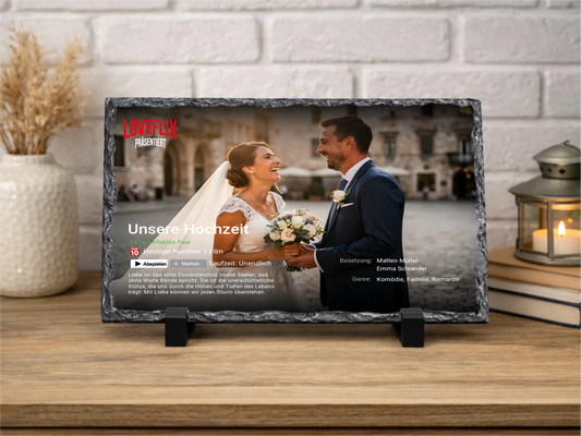 Personalisierte Schiefertafel 20x30cm | Personalisiertes Metallschild 20x25cm – Loveflix mit Foto, Namen und Wunschtext | Geschenk Valentinstag