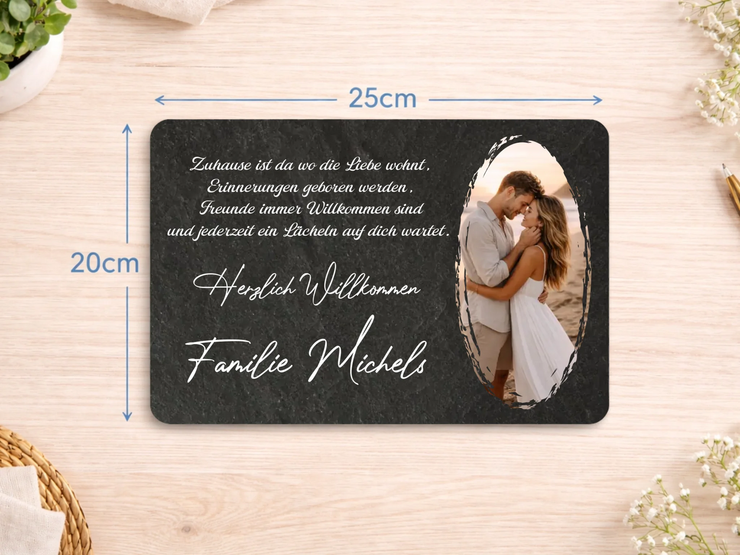 Personalized slate plaque 20x30cm | Personalized metal sign 20x25cm – Home is where love lives with photo, name | Welcome sign for front door | Decor for living room, hallway, entryway