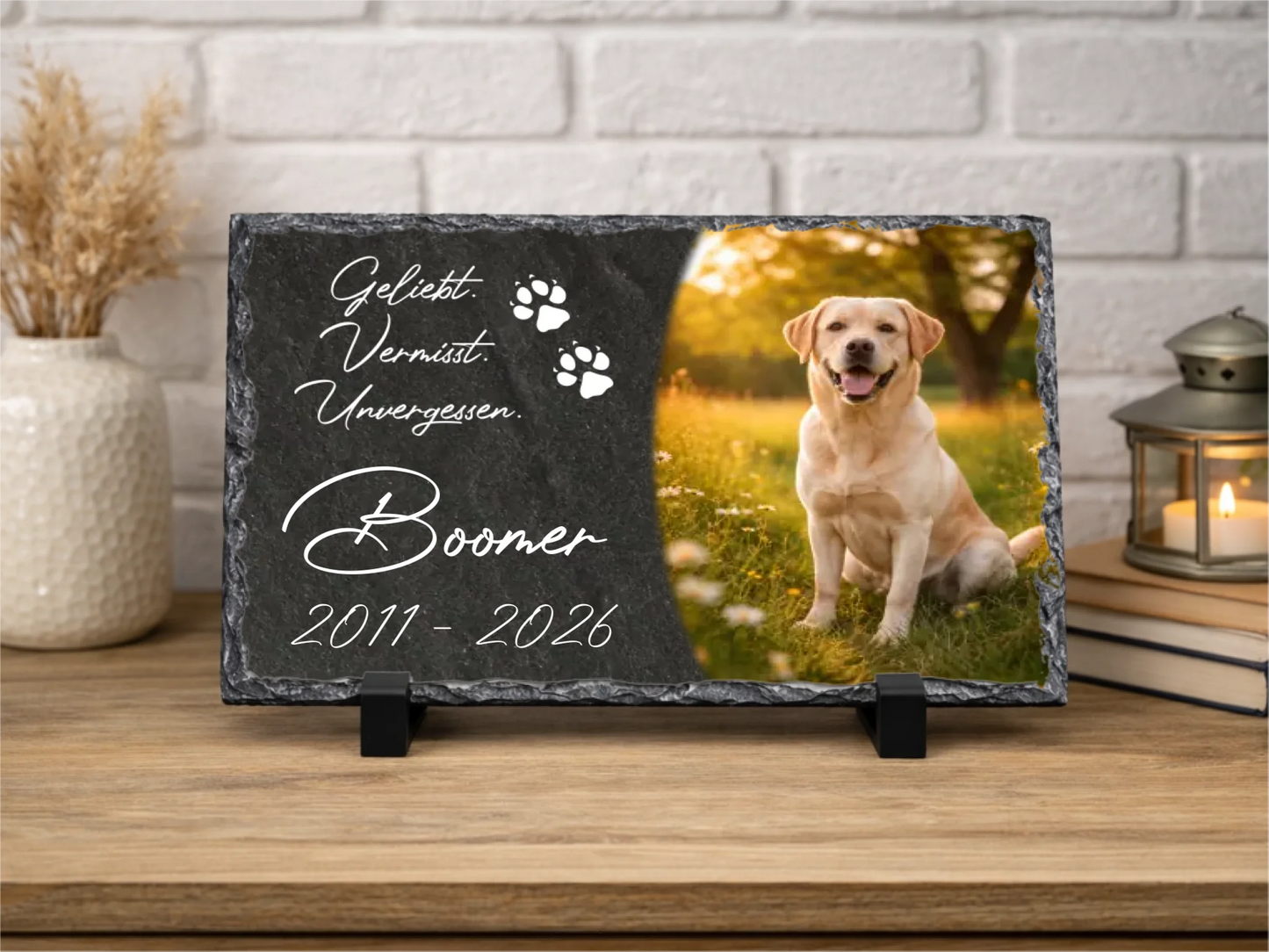 Personalisierte Schiefertafel Haustier | Tier - 20×30 cm – Gedenktafel mit eigenem Foto & Namen | Erinnerung „Geliebt. Vermisst. Unvergessen“
