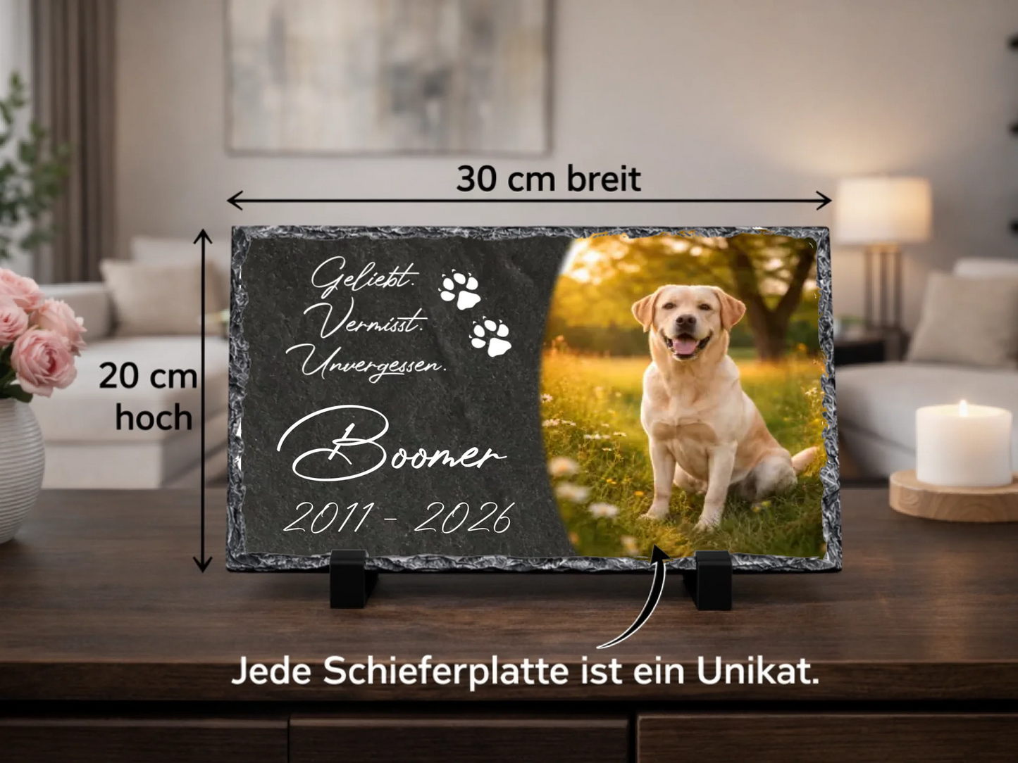 Personalisierte Schiefertafel Haustier | Tier - 20×30 cm – Gedenktafel mit eigenem Foto & Namen | Erinnerung „Geliebt. Vermisst. Unvergessen“