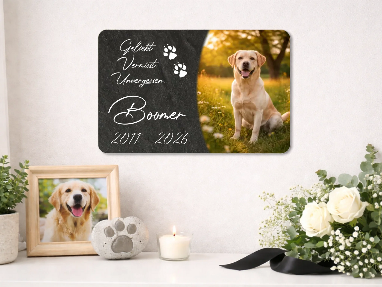 Personalisierte Schiefertafel Haustier | Tier - 20×30 cm – Gedenktafel mit eigenem Foto & Namen | Erinnerung „Geliebt. Vermisst. Unvergessen“