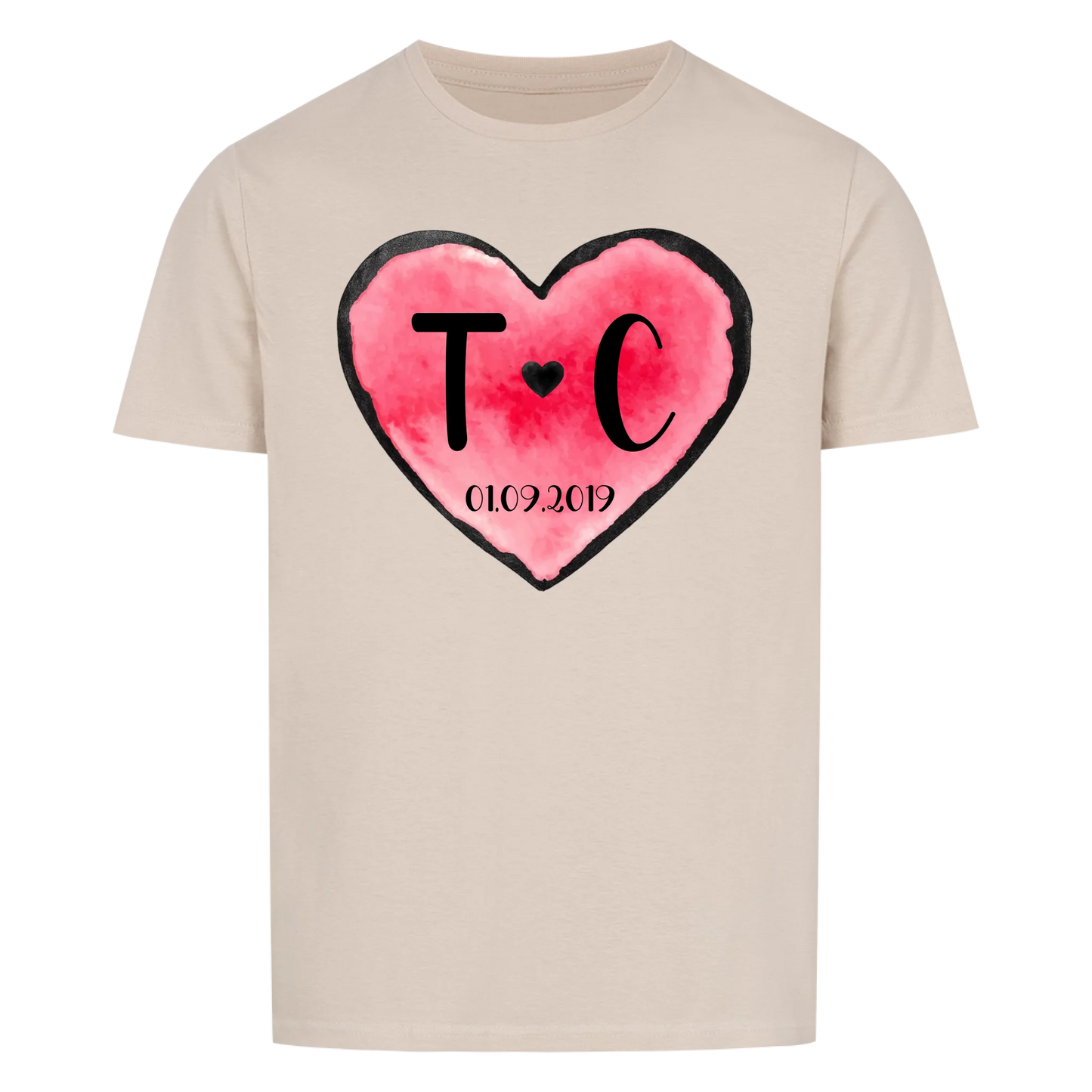 Valentinstag Herz mit Initialen & Datum - T-Shirt Unisex für Männer und Frauen - personalisiert