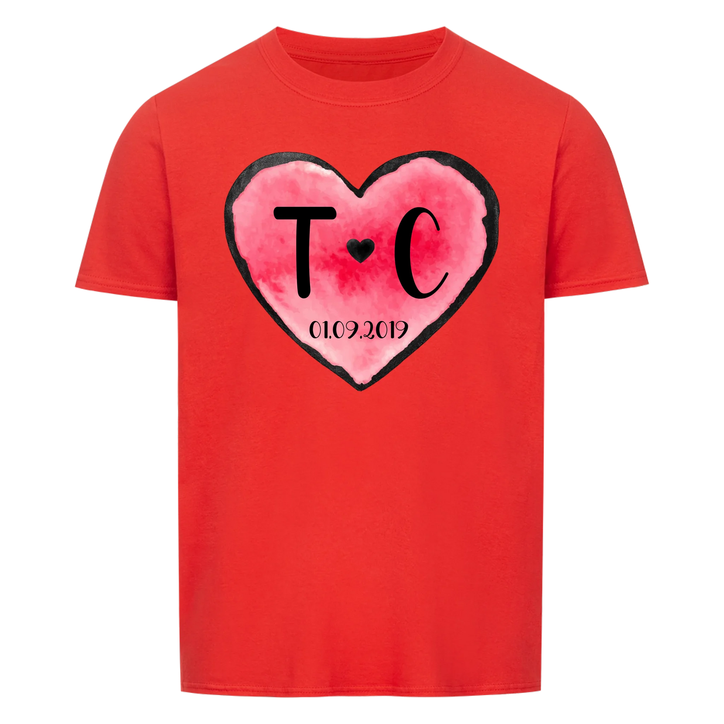 Valentinstag Herz mit Initialen & Datum - T-Shirt Unisex für Männer und Frauen - personalisiert