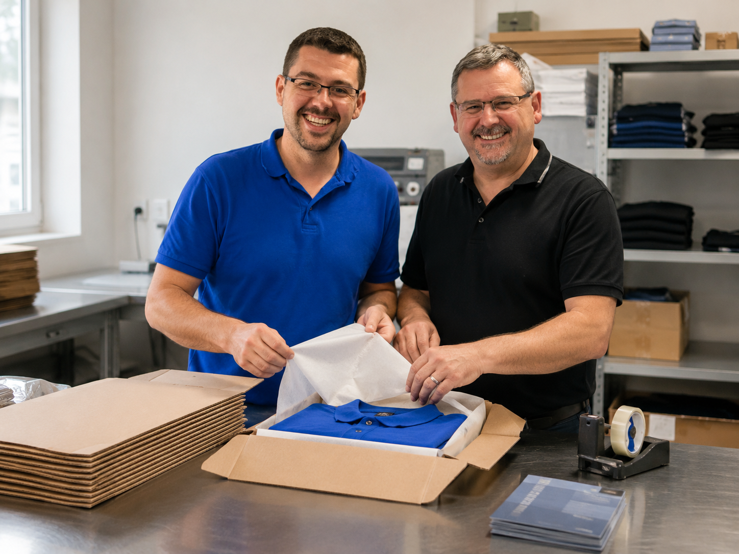 Christian und Andreas verpacken eine Bestellung am Edelstahltisch
