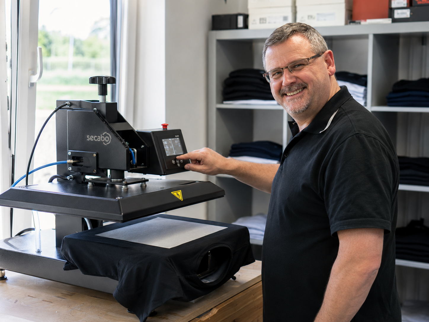 Andreas bedient die pneumatische Secabo Transferpresse