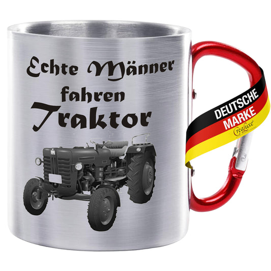 Echte Männer fahren Traktor - Edelstahltasse mit Karabiner - 330ml
