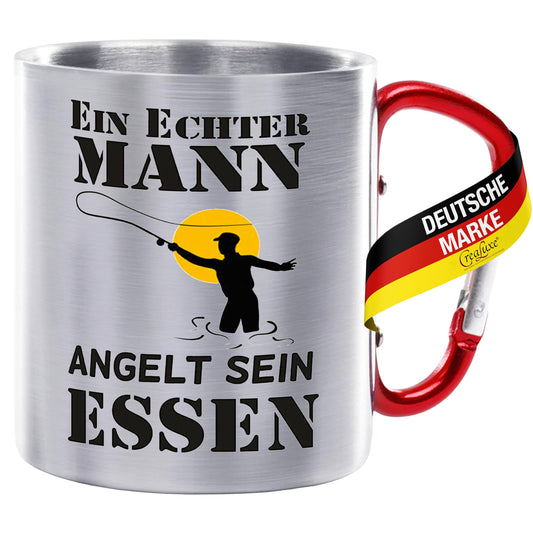 Ein echter Mann angelt sein Essen - Edelstahltasse mit Karabiner - 330ml