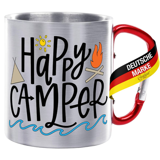 Happy Camper - Edelstahltasse mit Karabiner - 330ml