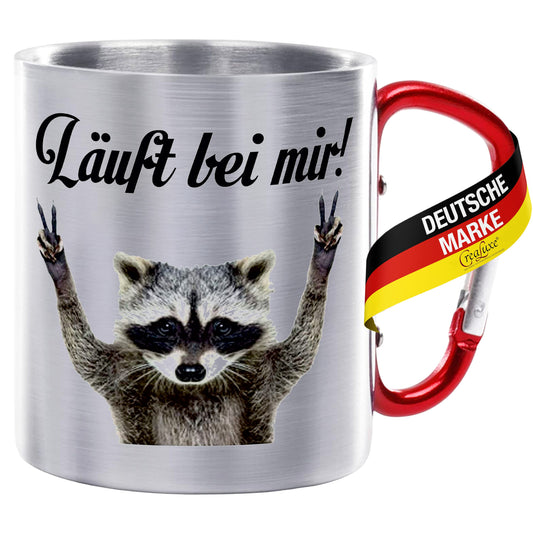 Läuft bei mir Waschbär - Edelstahltasse mit Karabiner - 330ml