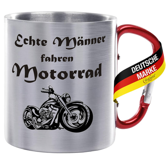 Echte Männer fahren Motorrad - Edelstahltasse mit Karabiner - 330ml