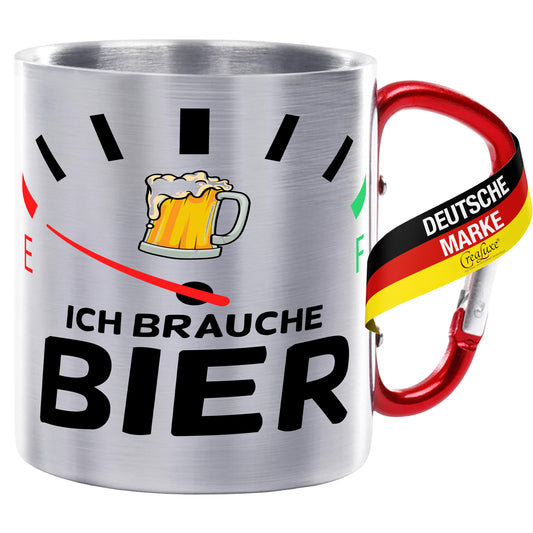 Ich brauche Bier - Tankanzeige - Edelstahltasse mit Karabiner - 330ml
