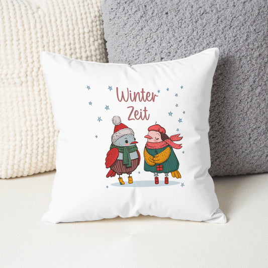 Winterzeit Vögel - Flauschiges Kissen 40x40cm