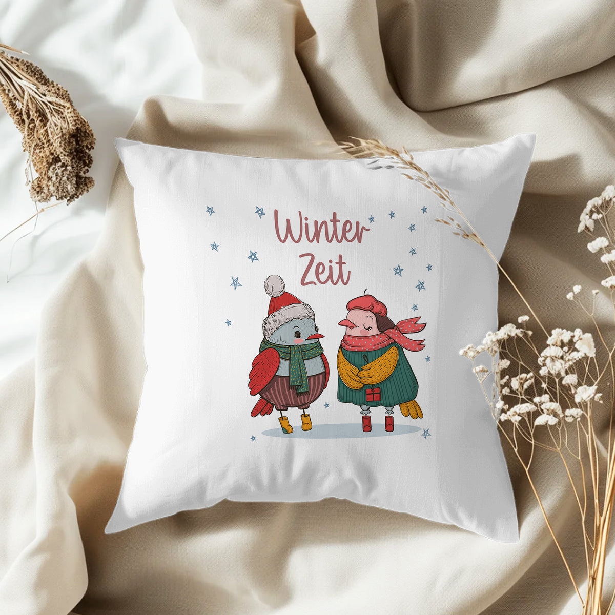 Winterzeit Vögel - Flauschiges Kissen 40x40cm